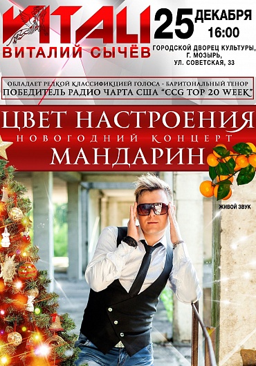 Новогодняя программа Виталия Сычёва (Vitali) «Цвет настроения мандарин» в Городском дворце культуры.